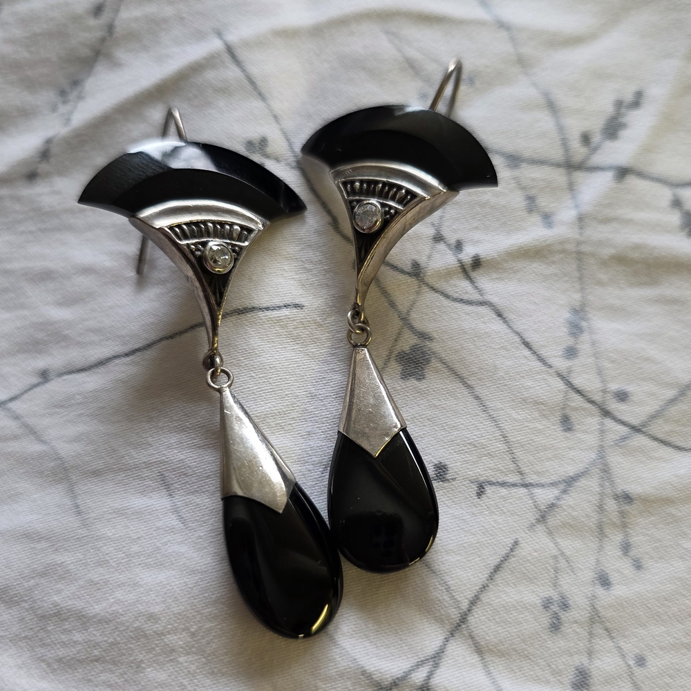 Vintage Art Deco Sterling Silver, Gemstone And Onyx Drop Earrings